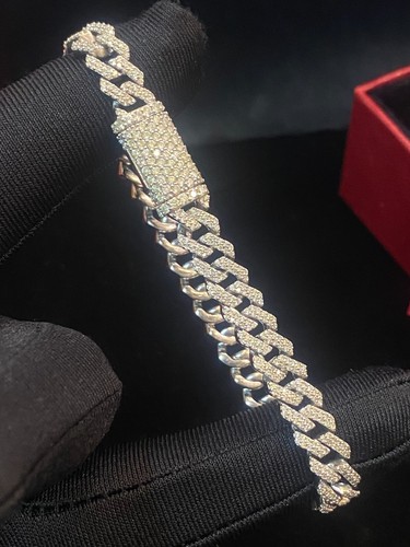 Pave 4.48 TCW Round Brilliant Cut Natural Diamonds Cuban Men's Bracelet 14K Gold - Picture 6 of 13