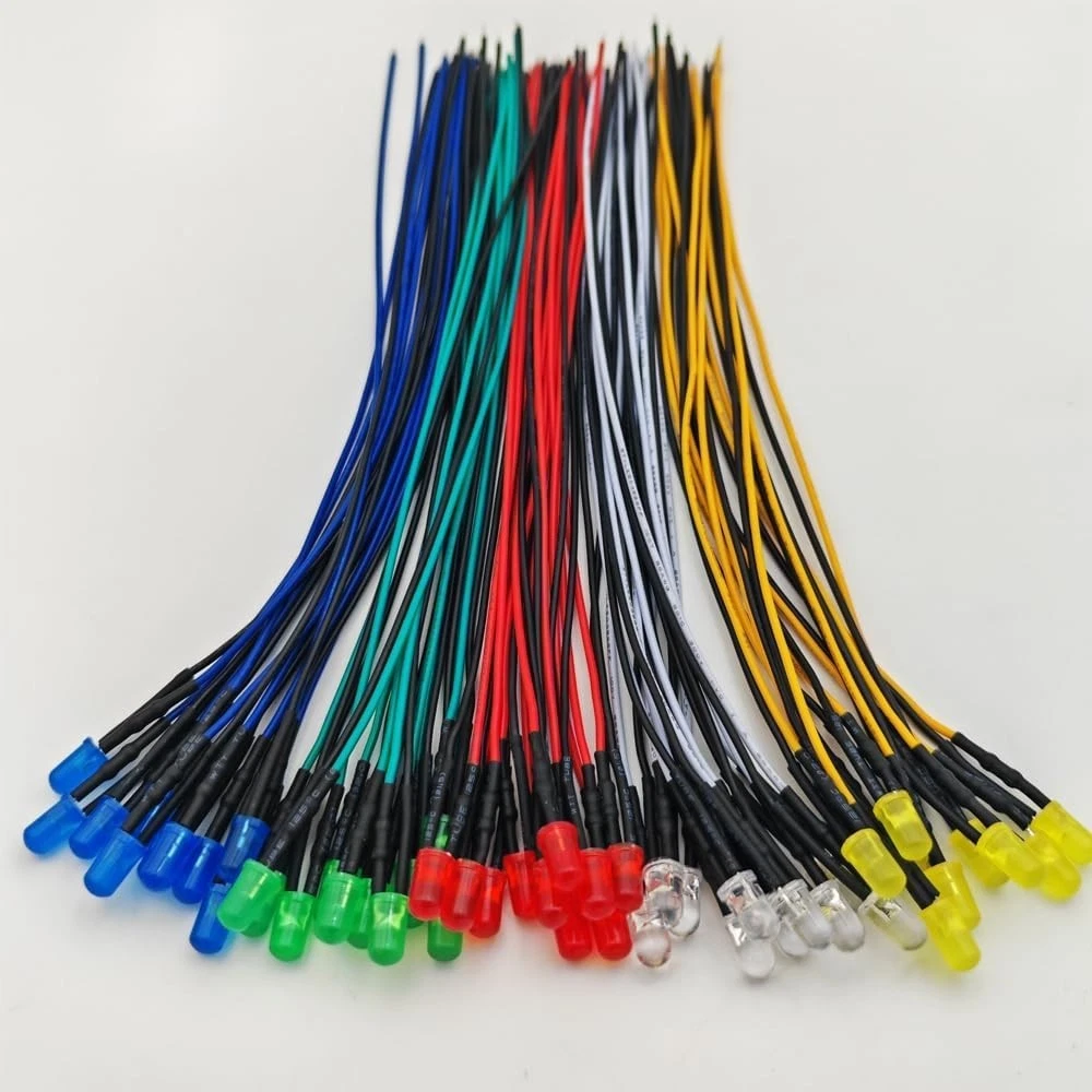 LED Lights 50pcs 5mm Red Yellow Green Blue White Diffused 12VDC Prewired