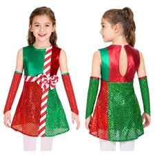 Kids Girls Dress Leotard Skirt Costume Jumpsuit Carnival Color Block Sequins