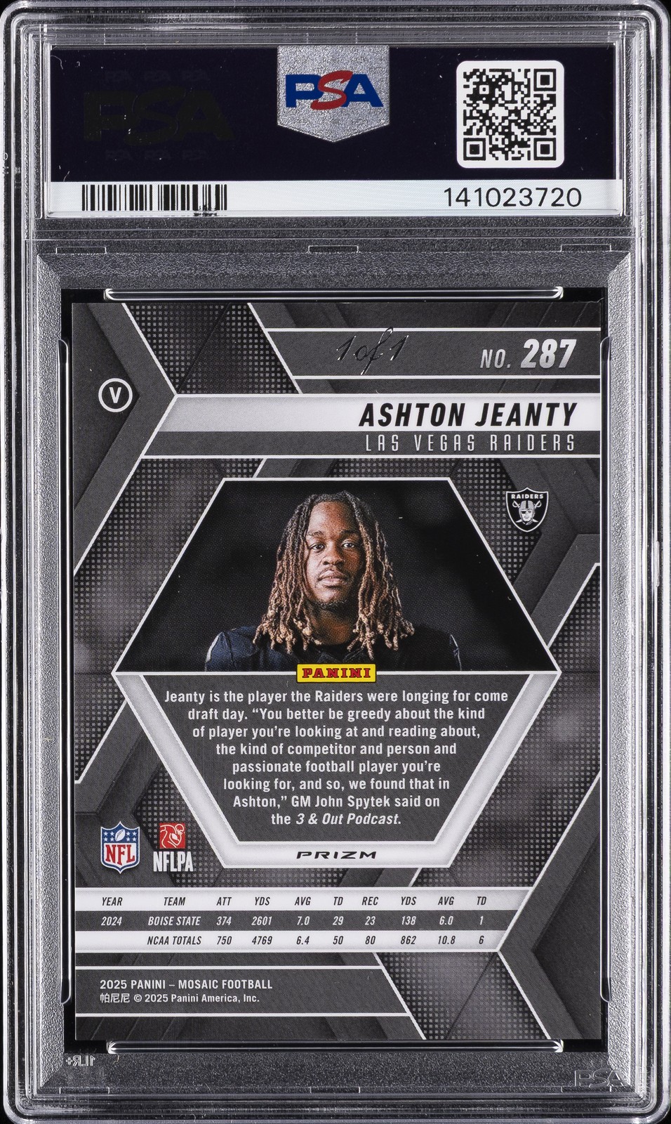 2025 PANINI MOSAIC NEBULA CHOICE 1/1 #287 ASHTON JEANTY ROOKIE RC 1/1 PSA 10 view 2