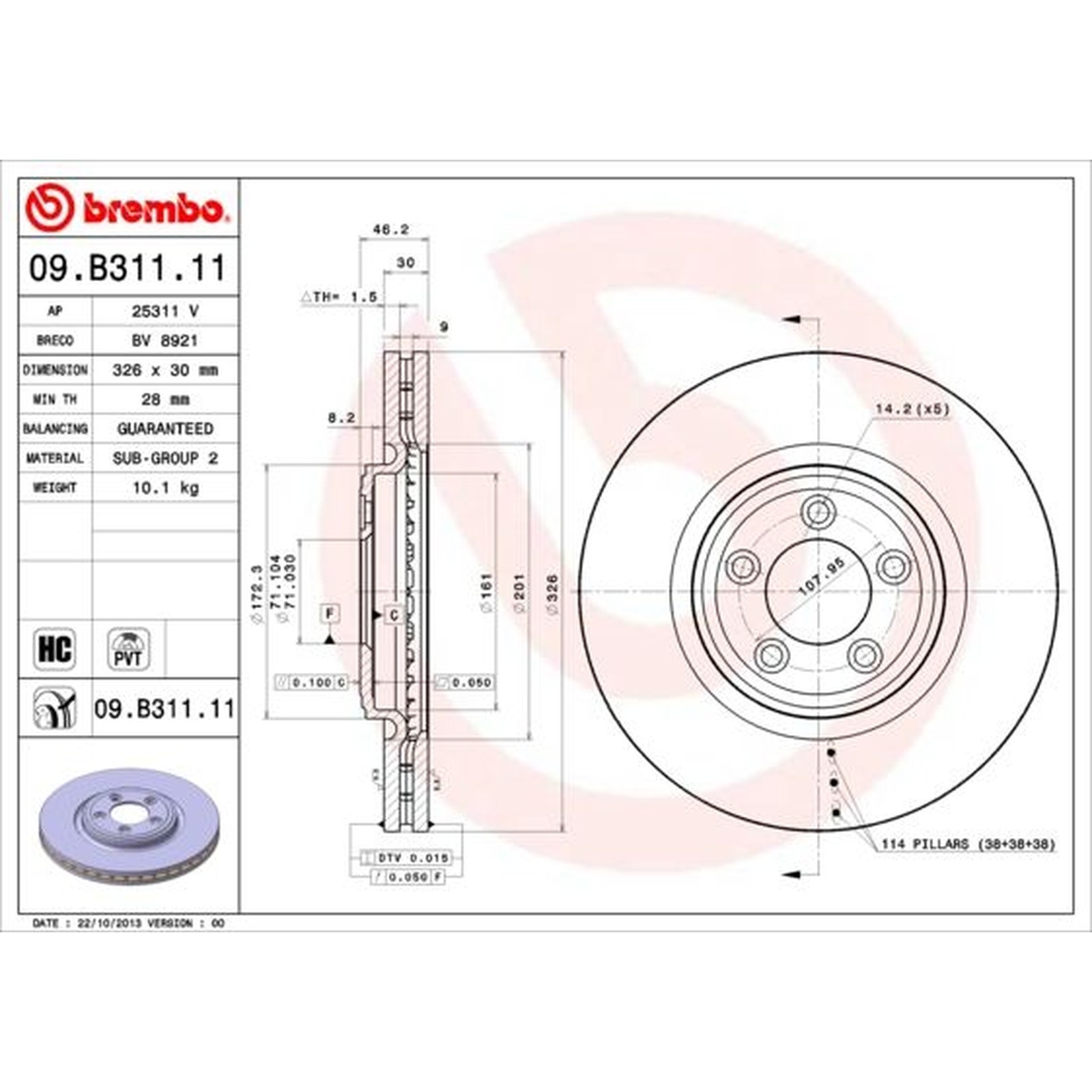 Brembo 2x Brake Discs Pair Vented Front 326mm 09.B311.11 Set C2C25336 C2P26267 - Image 2