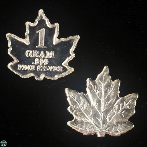 1 Gram 0.999 Fine Silver Bars - Lot of 2 Maple Leaf Shaped Bars