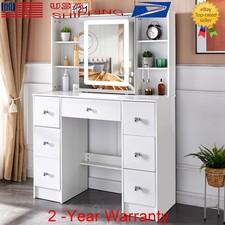 7 Drawers Vanity Dressing Table w/Smart LED Lighted Mirror Shelves Makeup Desk