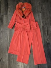 Lilli Ann Knits Vintage 3 Piece Orange Fur Suit Set Pants Skirt Jacket Small