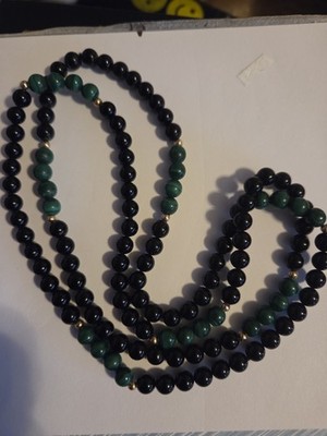 Vintage Black Onyx Jade Gold 30 Inch Beaded Slip On Necklace Necklace