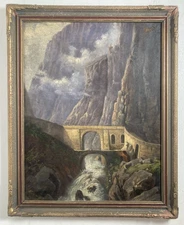 Antique Original Oil Painting Old Mountain River Landscape Art Deco Gilt Frame