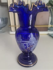 BOHEMIAN Cobalt Blue Glass Vase Crystalex Czech Republic GILT Ruffle Hand Painte