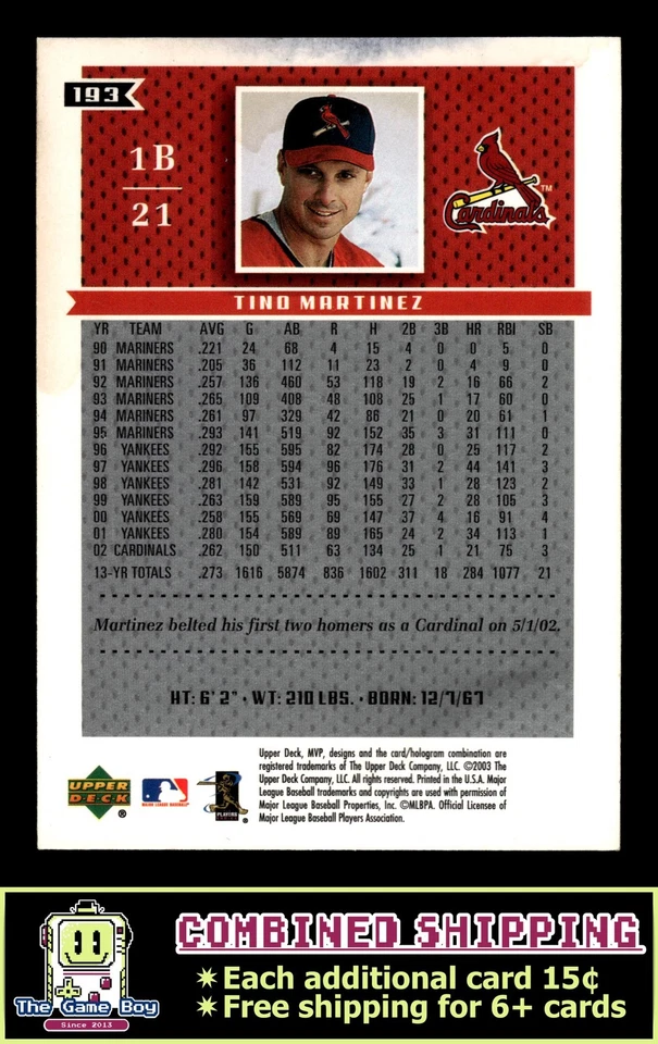 2003 Upper Deck MVP #193 Tino Martinez St. Louis Cardinals - Image 2 of 2