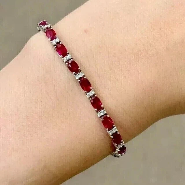 Impresionante pulsera de tenis enchapada en oro blanco de 14 k rubí rojo simulado corte ovalado de 10 quilates Foto 3 de 4