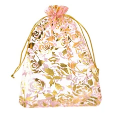 100 Pcs Organza Bag 4"x6" Sheer Flower Heart Mesh Bags Drawstring Pink-Gold