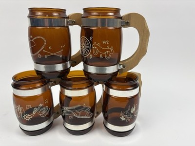  Siesta Ware Amber Beer Barrel Steins Mugs With Wood Handle VTG Set of 5