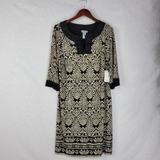 Catherine's Dress Size 0X Womens Black Tan Paisley Print Beaded 3/4 Sleeve NEW