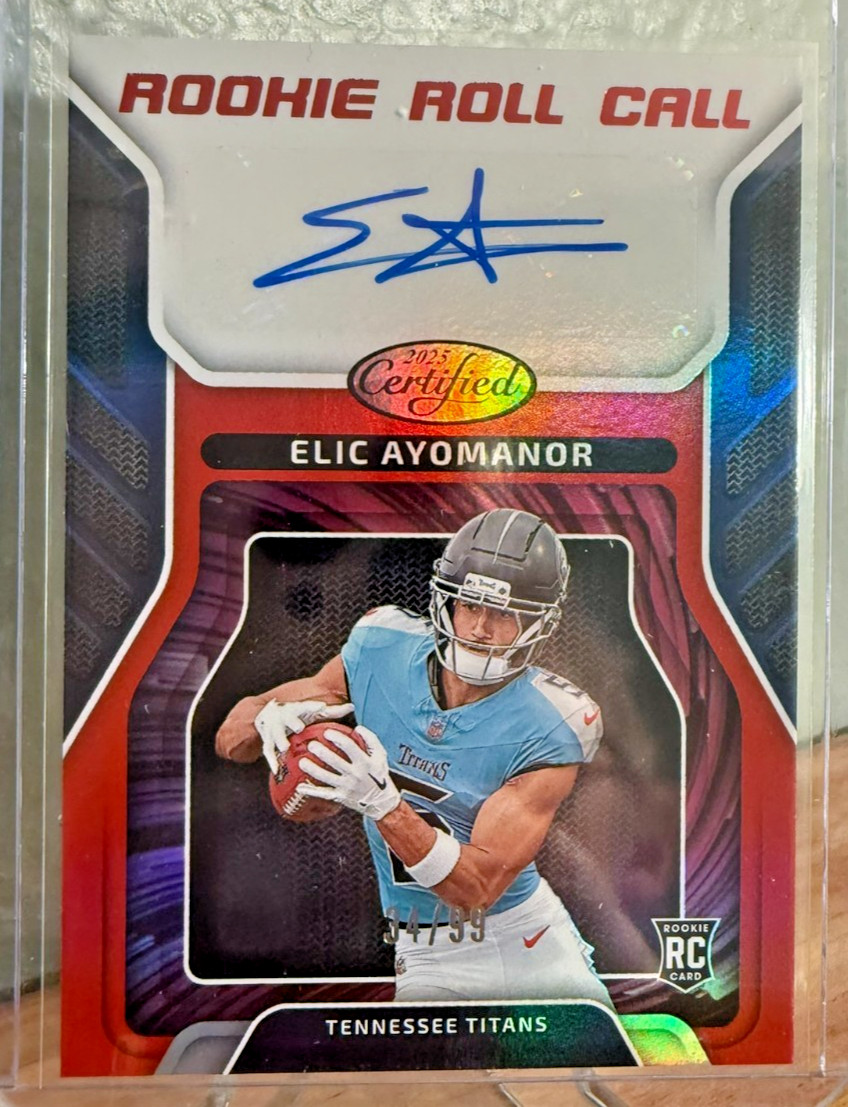 2025 Panini Certified Elic Ayomanor Rookie Roll Call Auto Mirror Red /99 RC