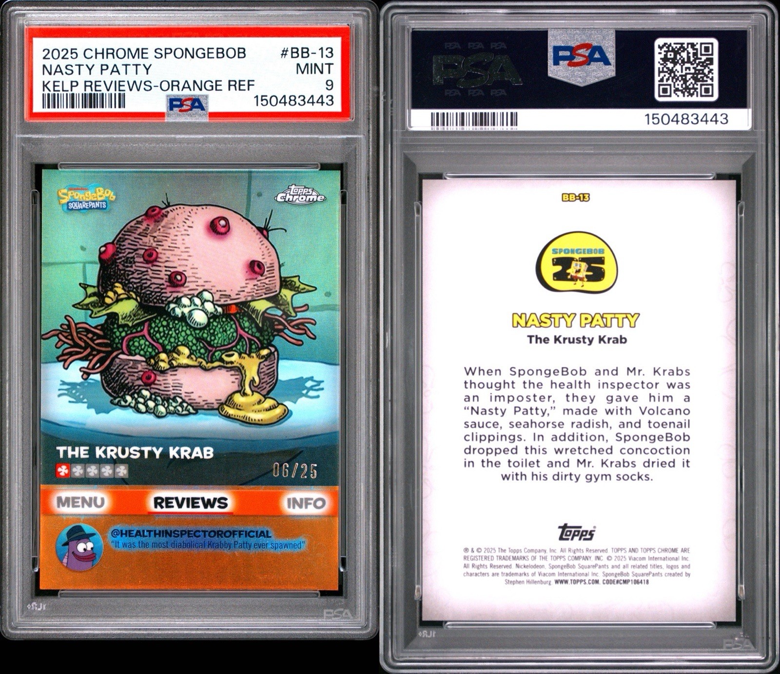 2025 Topps Chrome Spongebob Kelps Review Nasty Patty Orange Refractor /25 PSA 9 view 3