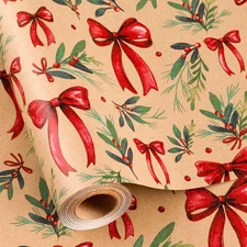 Christmas Wrapping Paper Roll - 17IN X 33FT - Kraft Gift Wrapping Paper Featurin