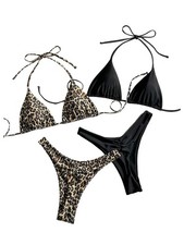 Women's Leopard Bikini Sets 2Pk, Halter Triangle High Cut Thong Swimsuit
