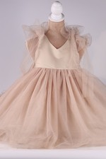 New Beige Nude Satin Tulle Flower Girl Dress w/ Removable Tulle Train 3T-4T