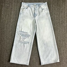 American Eagle Wide Leg Jeans Womens 10 Light Wash Distressed Baggy Raw Hem