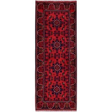 1'9"x4'8" Red Afghan Khamyab Geometric Pattern Wool Hand Knotted Runner Rug R744