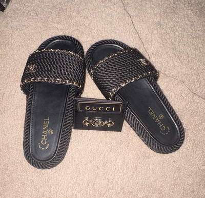 CHANEL Black Leather Chain Logo Slide Sandals Women s Slip-On Casual Solid
