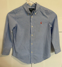 RALPH LAUREN Boys Button SHIRT Long Sleeve Light BLUE White CHECK Size 6
