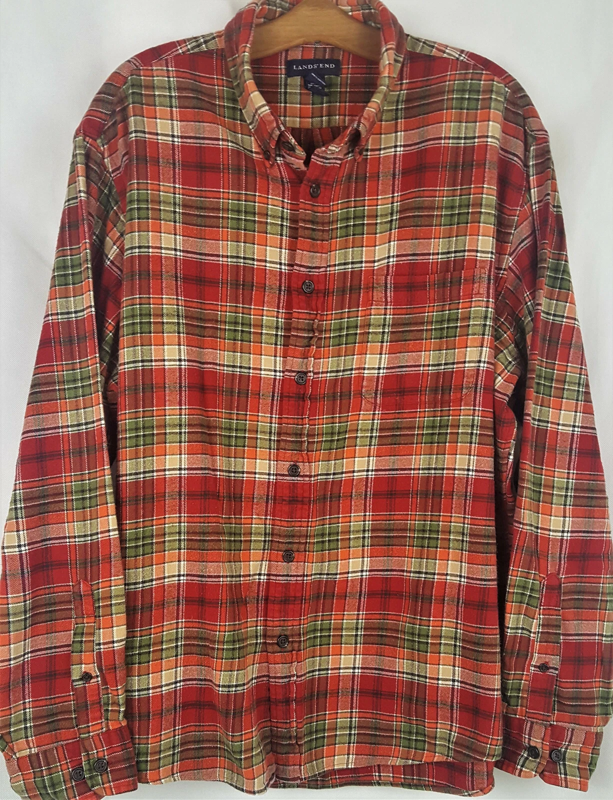 Lands End Men Red Plaid Flannel Long Sleeve Shirt Button Down Size XL/17-17 1/2