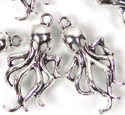 10 Antique Silver Pewter Cuttlefish Octopus Charms 32x18mm