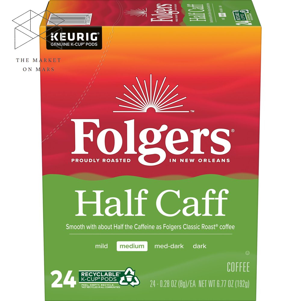 Folgers 1/2 Caff Coffee, Medium Roast Coffee, Keurig K-Cup Pods, 24 Count Box 🎯