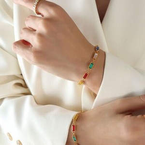 Authentic Woman 18K Gold Plated Multicolor CZ Square Charm Necklace Chain/Bracelet