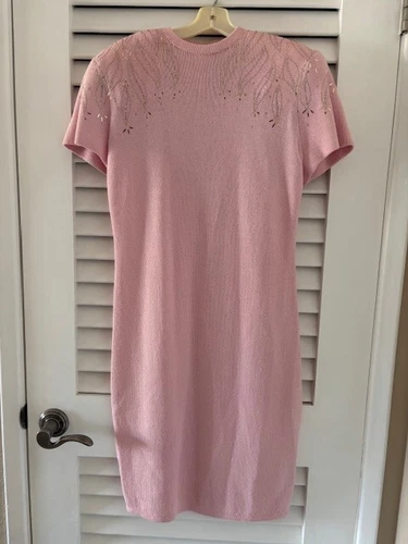 Vintage Pink St John by Marie Gray Short Sleeve Knit Dress W/ Gold Sequin