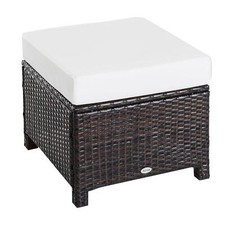 Rattan Footstool Ottoman with Padded Seat for Backyard Garden Brown
