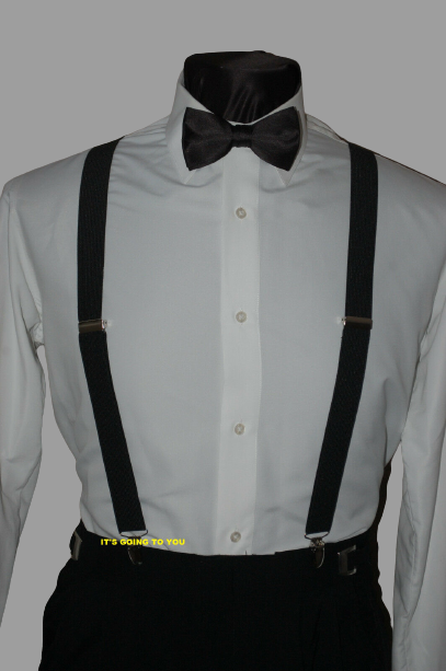 New Black Satin Bow Tie, Cummerbund and Clip on Tuxedo Suspenders - Main Image