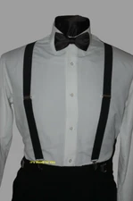 New Black Satin Bow Tie, Cummerbund and Clip on Tuxedo Suspenders