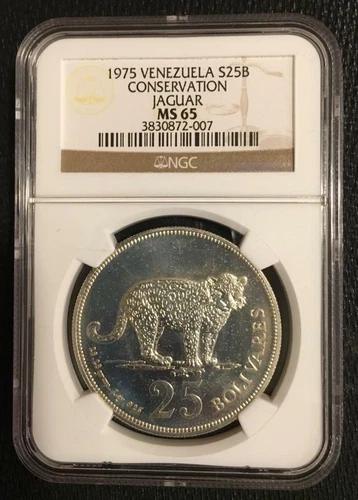 1975 Venezuela Silver Coin 25 Bolivares Jaguar Wildlife NGC MS65