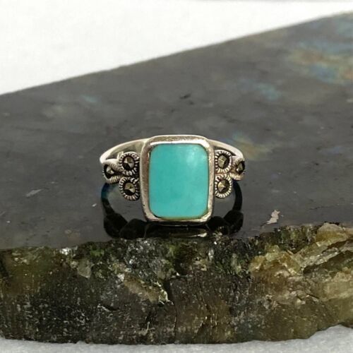Sterling Silver 925 Simulated Turquoise Inlay Marcasite Shank Ring Sz 6.5