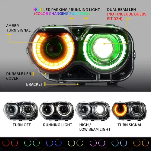 Faros proyectores LED VLAND RGB DRL para Dodge Challenger 2015-22 lámpara delantera - Imagen 4 de 22
