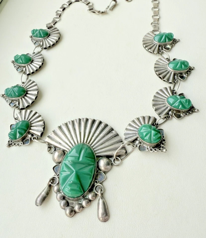 PAT.EN.TRAM. COLLAR MÁSCARA MALAQUITA TALLADA PLATA ESTERLINA 925 MEXICANA 18.5" Foto 2 de 4