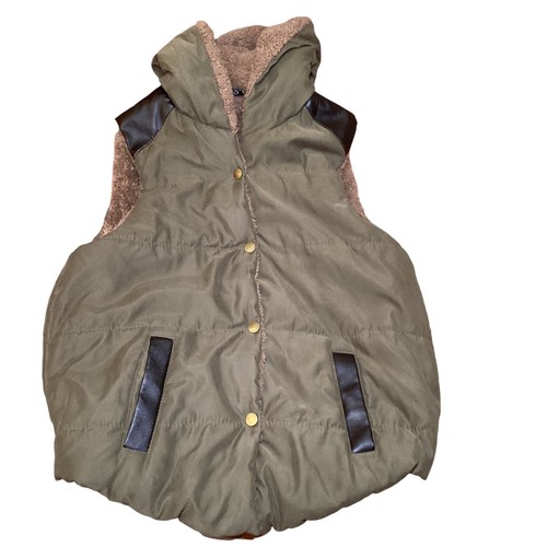 Paul Prad Vest Junior Girls size L Olive Green Snap Buttons Hood Leather Patches - Picture 3 of 11