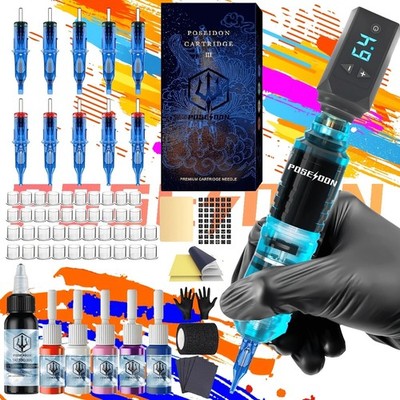 POSEIDON Wireless Tattoo Machine Kit Digital Tattoo Pen 1200mAh Battery Needles