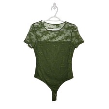 PinkmStyle Olive Green Floral Lace Mesh Bodysuit Short Sleeve Snap Crotch Medium