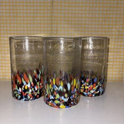 Vintage Confetti Bubble Glass Tumblers Thick Multicolor Artisan Crafted Set Of 3