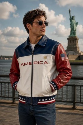Men's American Flag Full-Grain Leather Bomber Jacket, Red White Blue USA Patriot