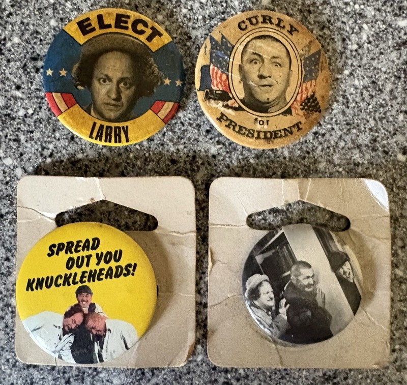 Vintage 3 Stooges Pinback Buttons Lot Of 4!Pre Owned!Read Description!