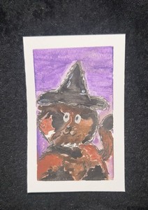 ACEO Art Card Original Watercolor 2.5x3.5in Signed by Artist “Witchy cat”