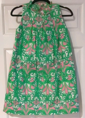 Lilly Pulitzer Girls 14 Green/Pink/White Floral Collared A-Line Sleeveless Dress