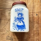 Vintage Milk Glass Spice Jar Salt Only  Dutch Girl Blue, Red lid USA