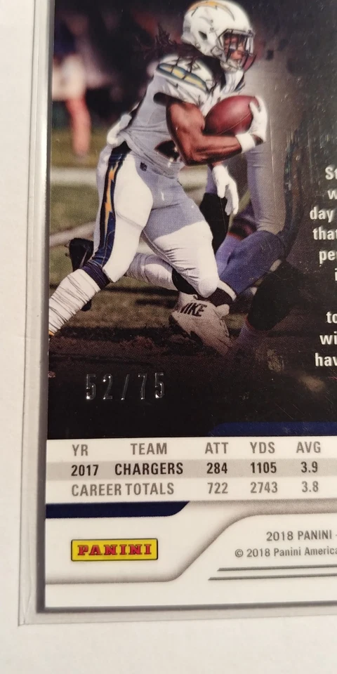 2018 PANINI OBSIDIAN MELVIN GORDON PURPLE BASE #'D 52/75 LOS ANGELES CHARGERS - Image 3 of 3