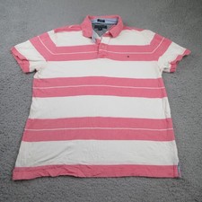 Tommy Hilfiger Polo Shirt Mens Large Pink White Striped Classic Fit Short Sleeve