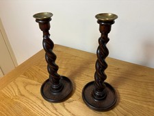 Pair Vintage Barley Twist Wooden Candlesticks H57