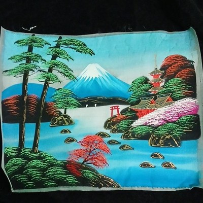 Japanese Hand-Painted Fabric Tapestry Set Signed Mt. Fuji Pagoda Bridge